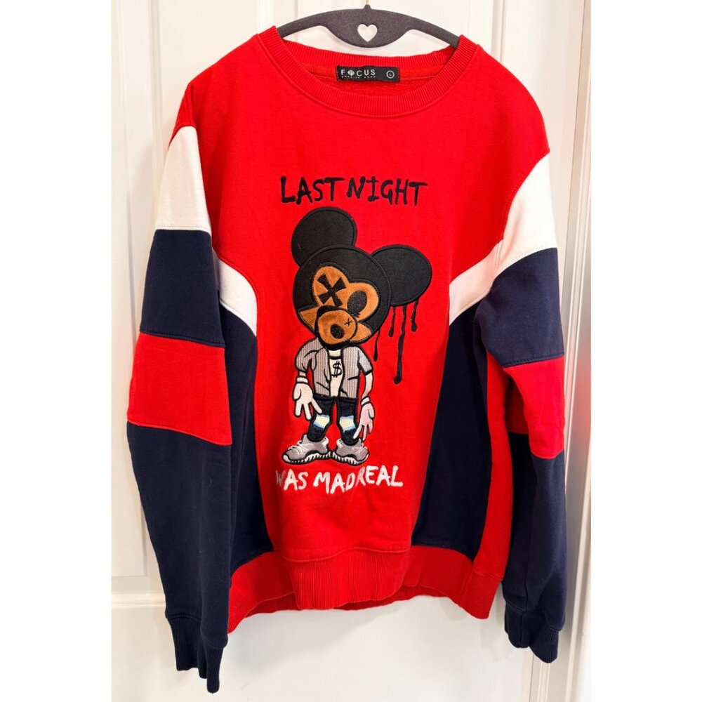 Focus Graphic Sweatshirt Red Colorblock Unisex Streetwear Large